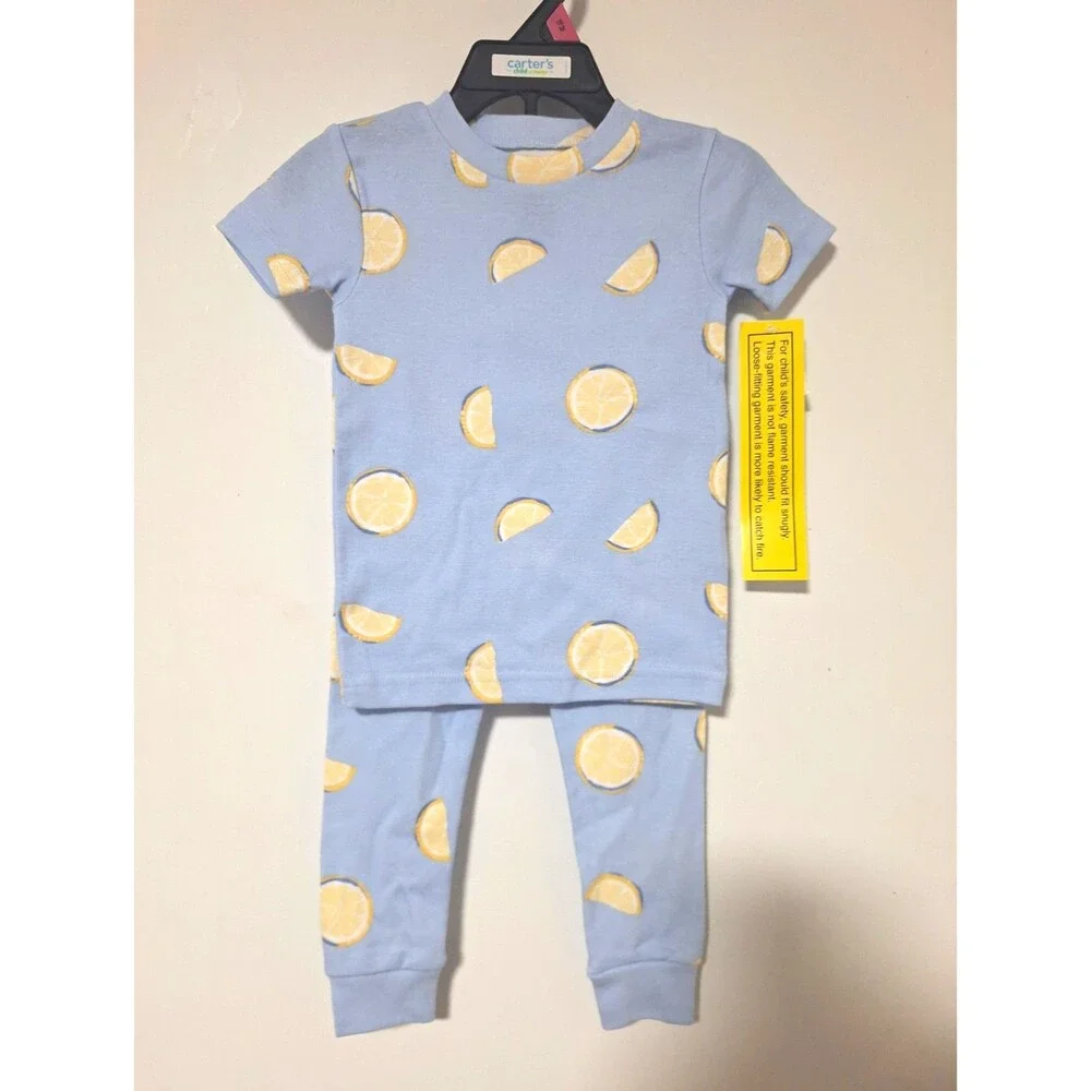 Carter's Child of Mine 2-Piece Cotton Knit Pajama Set 18M Blue Lemon Print
